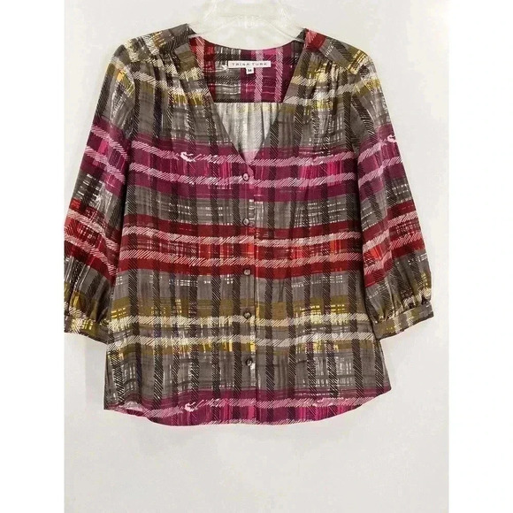 TRINA TURK Silk Button-Front Layering Shirt Blouse Taupe Magenta Black Medium - Picture 1 of 9